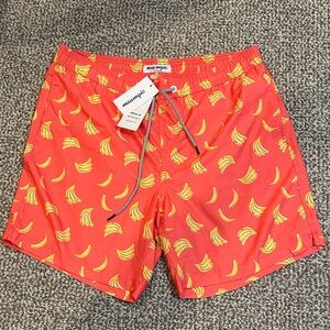 Macawyo Red Banana Print Swim Trunks